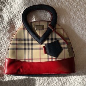 Burberry Top Handle Nova Check Beige and Red Plaid Satchel